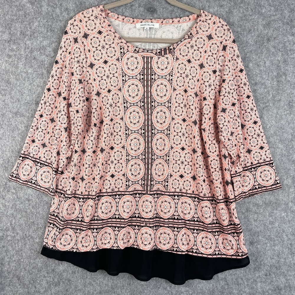 Rose Olive Tunic Top Womens 2X Pink Printed Chiffon Trim 3/4 Sleeve Stretch Boho
